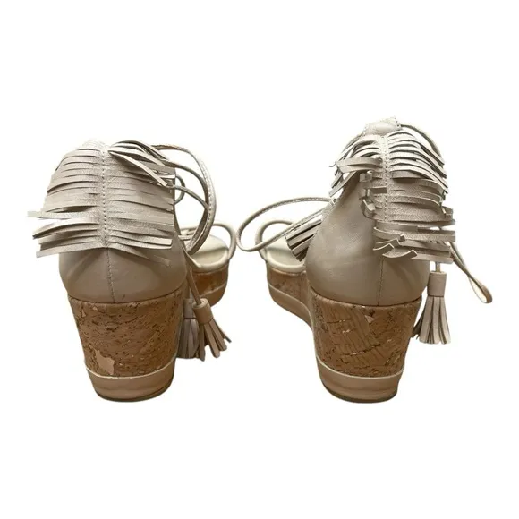 Stuart Weitzman Cream Wedge Sandals Lace Up Fringe Tassels Bohemian Sz 10