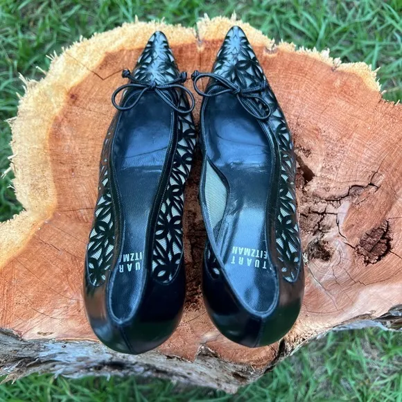Stuart Weitzman Pointed Toe Heels Laser Cut Kitten Heel Bow Detail Pumps Black 6