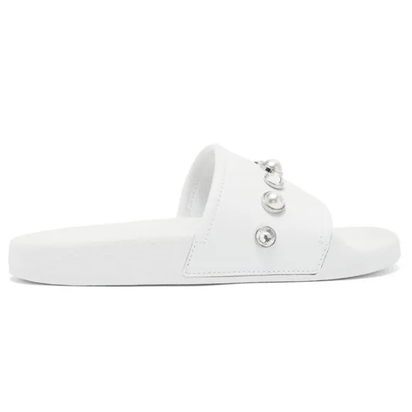 STUART WEITZMAN Sandals Pearlshine PoolSlide Leather Pearl Crystal Embellished