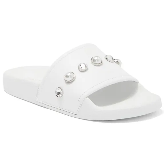 STUART WEITZMAN Sandals Pearlshine PoolSlide Leather Pearl Crystal Embellished