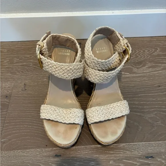 Stuart Weitzman Women's Elixer Cream Woven Sandals 8.5