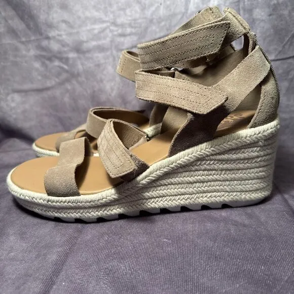 Stylish‎ Taupe Suede Espadrille Wedge Sandals with Multi-Strap Design Womens 9.5