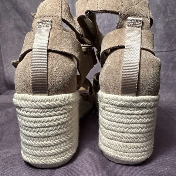 Stylish‎ Taupe Suede Espadrille Wedge Sandals with Multi-Strap Design Womens 9.5