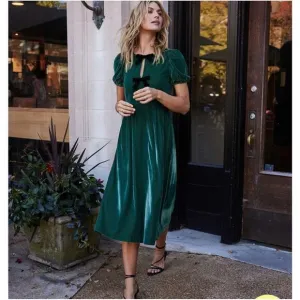 Summersalt Dress Womens 10 Green Velvet Bow Midi Puff Sleeve Holiday Classic