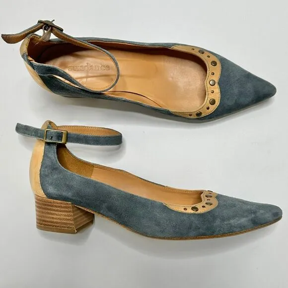 Sundance Blue Tan Suede Block Heel Pointed Toe Shoes Womens US Size 6-6.5 (37)