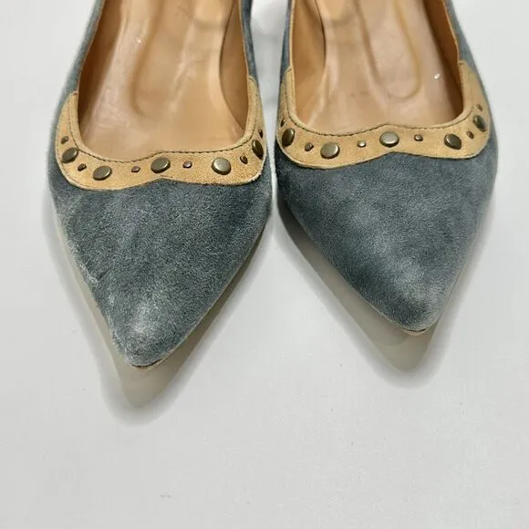 Sundance Blue Tan Suede Block Heel Pointed Toe Shoes Womens US Size 6-6.5 (37)