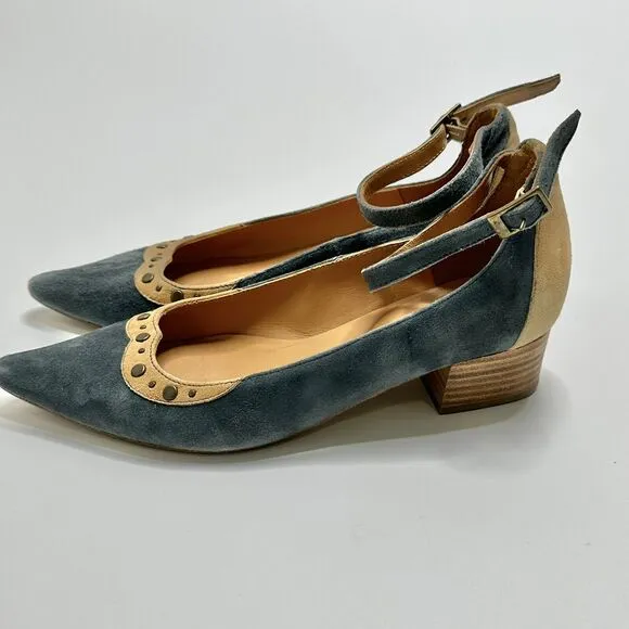 Sundance Blue Tan Suede Block Heel Pointed Toe Shoes Womens US Size 6-6.5 (37)