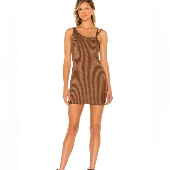 Superdown Revolve Gina Brown Ribbed Knit mini Dress mocha metallic