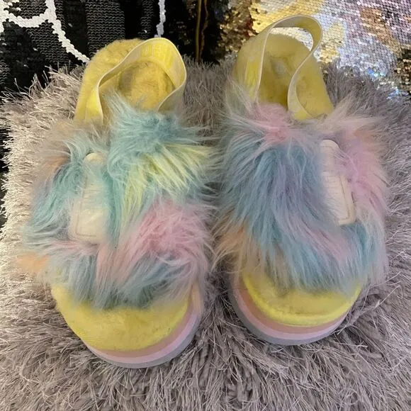 Sz 10 ugg disco fur  fluff slippers unicorn pastel tie dye slingback shoe