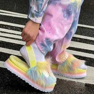 Sz 10 ugg disco fur  fluff slippers unicorn pastel tie dye slingback shoe