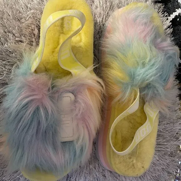 Sz 10 ugg disco fur  fluff slippers unicorn pastel tie dye slingback shoe