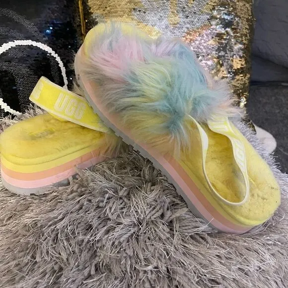 Sz 10 ugg disco fur  fluff slippers unicorn pastel tie dye slingback shoe