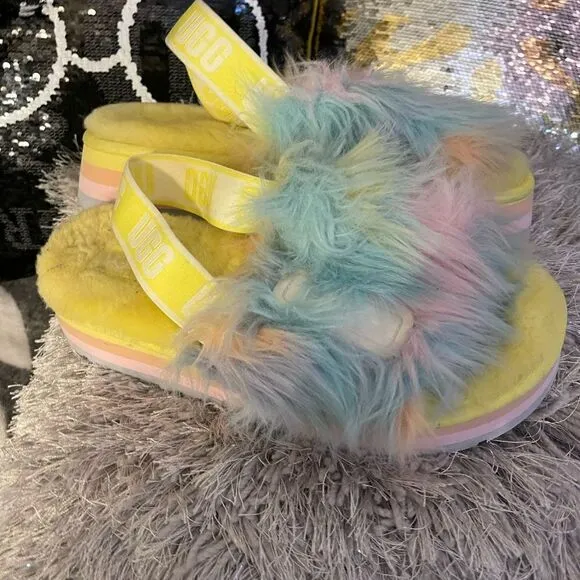 Sz 10 ugg disco fur  fluff slippers unicorn pastel tie dye slingback shoe