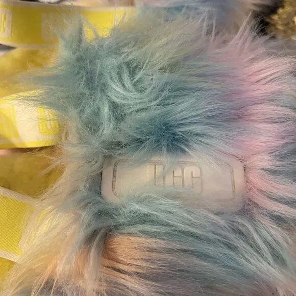 Sz 10 ugg disco fur  fluff slippers unicorn pastel tie dye slingback shoe
