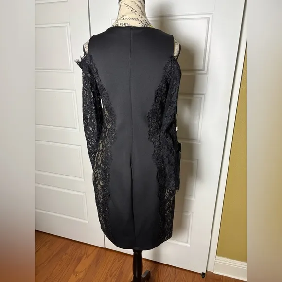 Tadashi Shoji Auden Neoprene Dress Black &amp; Nude Lace Side Sheath Long Sleeve