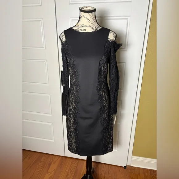 Tadashi Shoji Auden Neoprene Dress Black &amp; Nude Lace Side Sheath Long Sleeve