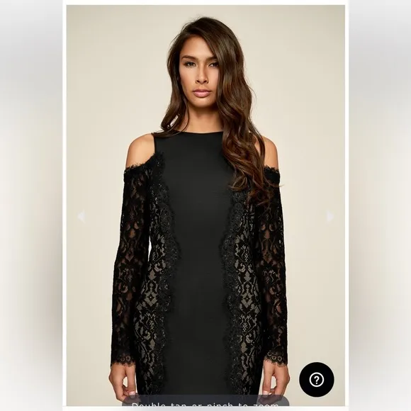 Tadashi Shoji Auden Neoprene Dress Black &amp; Nude Lace Side Sheath Long Sleeve