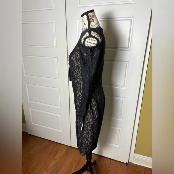 Tadashi Shoji Auden Neoprene Dress Black &amp; Nude Lace Side Sheath Long Sleeve