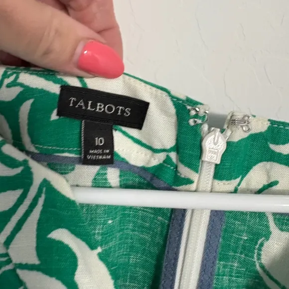 Talbots Floral Print Linen Dress Green White Short Sleeve Size 10