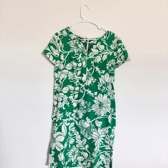 Talbots Floral Print Linen Dress Green White Short Sleeve Size 10