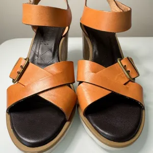 Tan and Black Wedge Shoes with Leather Straps