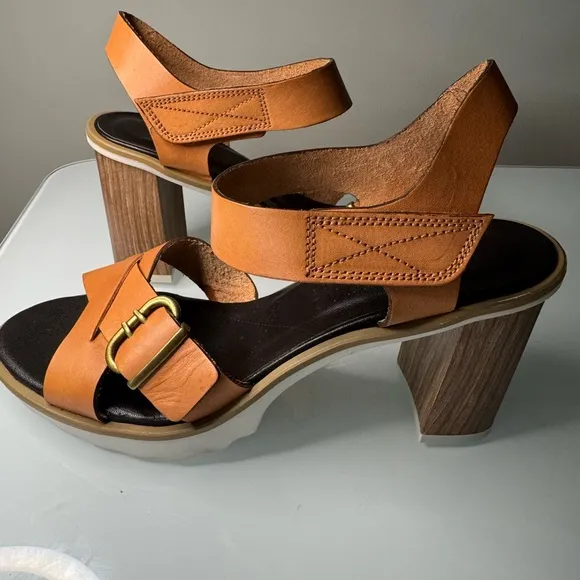 Tan and Black Wedge Shoes with Leather Straps
