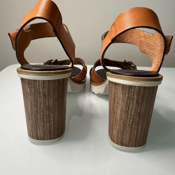 Tan and Black Wedge Shoes with Leather Straps