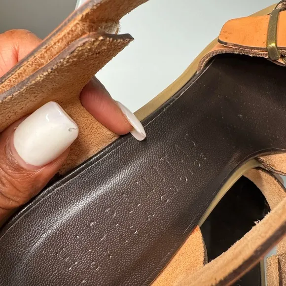 Tan and Black Wedge Shoes with Leather Straps