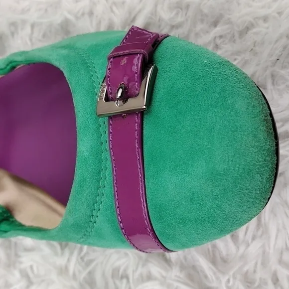 Tod's Green Suede Leather Faux Buckle Upper Almond Toe Slip-On Ballerina Flat