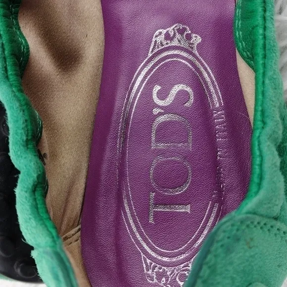 Tod's Green Suede Leather Faux Buckle Upper Almond Toe Slip-On Ballerina Flat