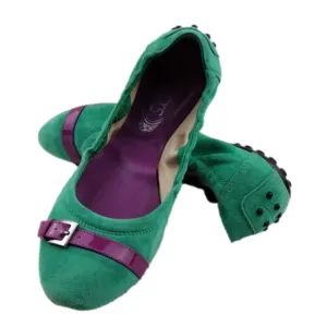 Tod's Green Suede Leather Faux Buckle Upper Almond Toe Slip-On Ballerina Flat