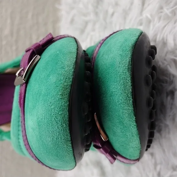 Tod's Green Suede Leather Faux Buckle Upper Almond Toe Slip-On Ballerina Flat