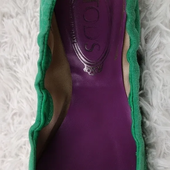 Tod's Green Suede Leather Faux Buckle Upper Almond Toe Slip-On Ballerina Flat