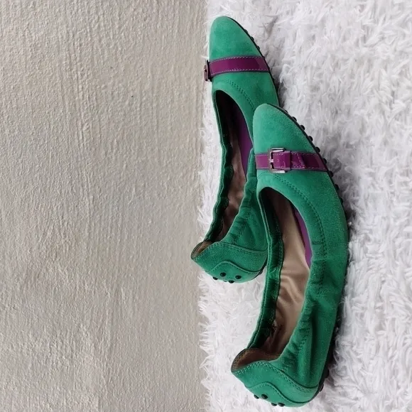 Tod's Green Suede Leather Faux Buckle Upper Almond Toe Slip-On Ballerina Flat