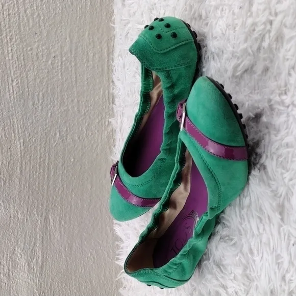 Tod's Green Suede Leather Faux Buckle Upper Almond Toe Slip-On Ballerina Flat