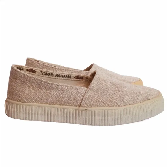 TOMMY BAHAMA Deck Shoes Slip On Canvas Jute Linen Size 6