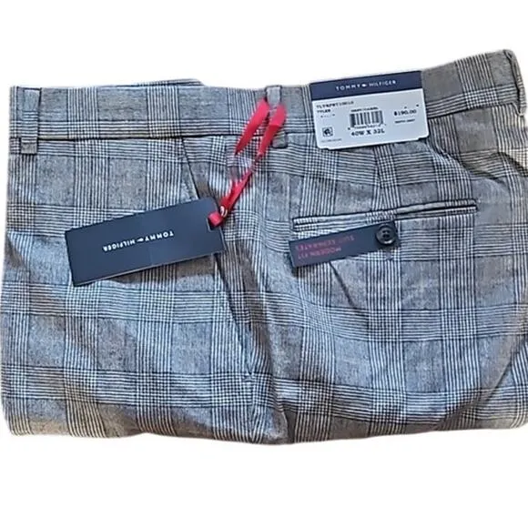 Tommy Hilfiger Modern Fit Stretch Dress Pants - Grey Camel Plaid 40W X32L