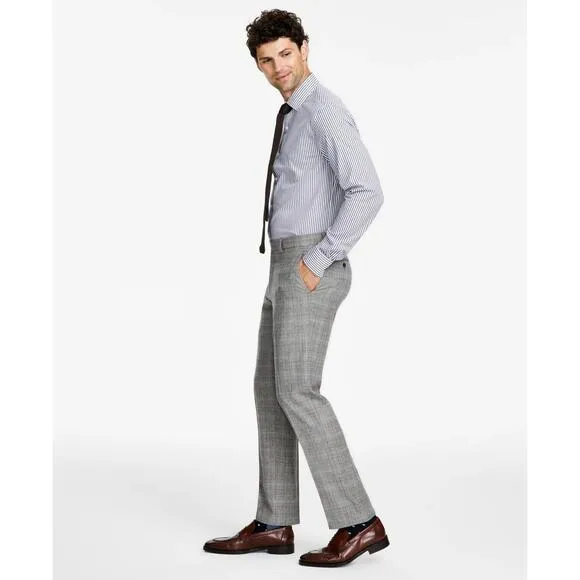Tommy Hilfiger Modern Fit Stretch Dress Pants - Grey Camel Plaid 40W X32L