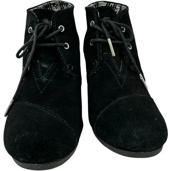 Toms Desert Wedge Bootie Womens SZ 7 Black Suede Lace Up Leather Comfort Shoes