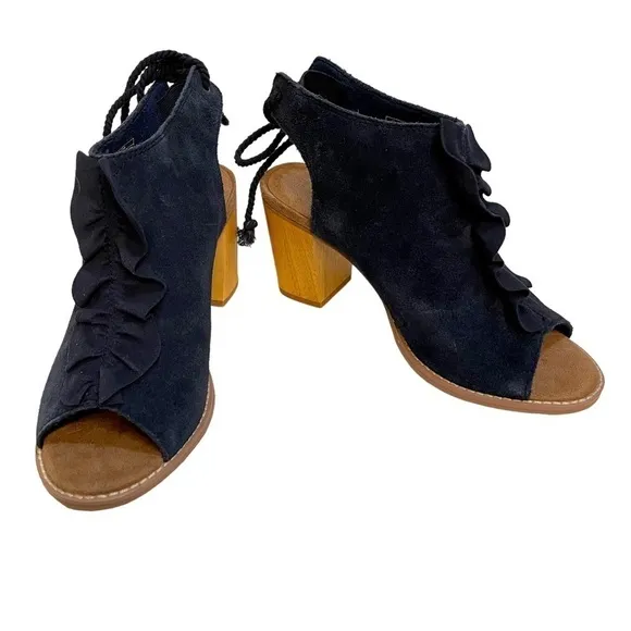 TOMS Elba Navy Suede Ruffle Heeled Peep Toe Bootie Sandal Size 6