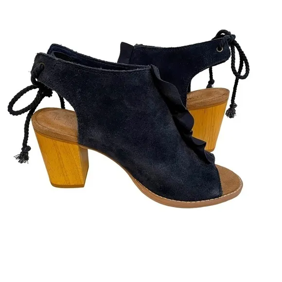 TOMS Elba Navy Suede Ruffle Heeled Peep Toe Bootie Sandal Size 6