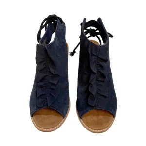 TOMS Elba Navy Suede Ruffle Heeled Peep Toe Bootie Sandal Size 6