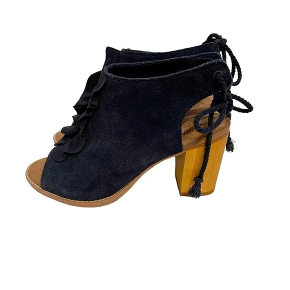 TOMS Elba Navy Suede Ruffle Heeled Peep Toe Bootie Sandal Size 6