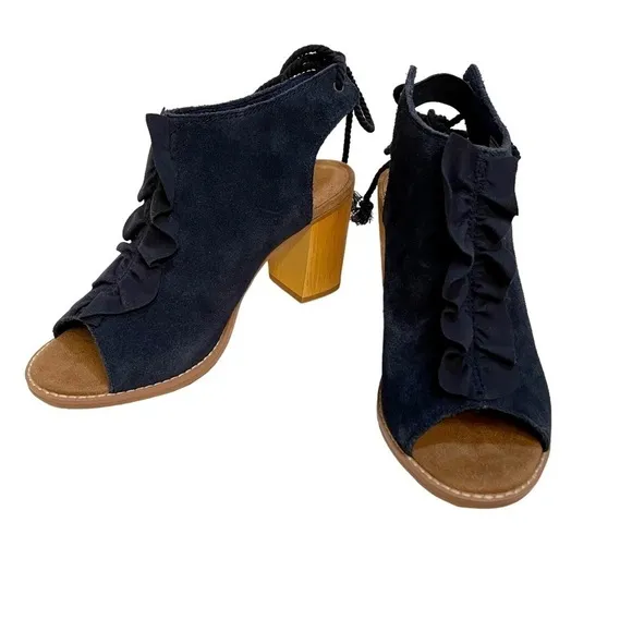 TOMS Elba Navy Suede Ruffle Heeled Peep Toe Bootie Sandal Size 6