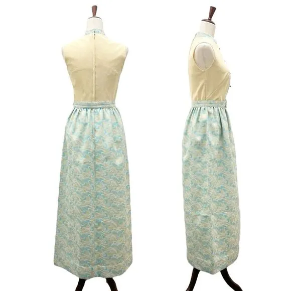Toni Todd Vintage 60s 70s Dress Pastel Aqua Yellow Mod Evening Gown Modern Sz 6
