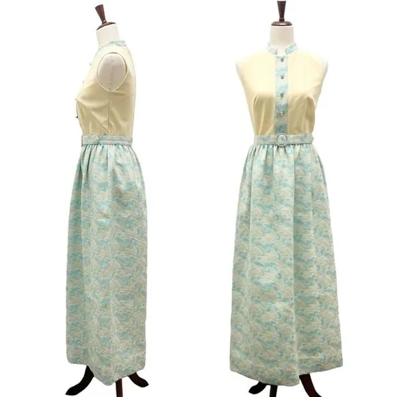 Toni Todd Vintage 60s 70s Dress Pastel Aqua Yellow Mod Evening Gown Modern Sz 6