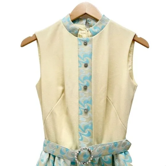 Toni Todd Vintage 60s 70s Dress Pastel Aqua Yellow Mod Evening Gown Modern Sz 6