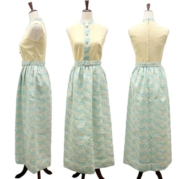 Toni Todd Vintage 60s 70s Dress Pastel Aqua Yellow Mod Evening Gown Modern Sz 6
