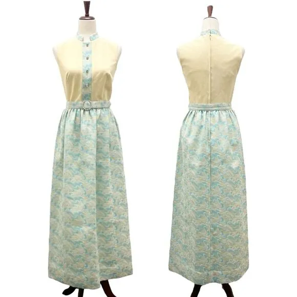 Toni Todd Vintage 60s 70s Dress Pastel Aqua Yellow Mod Evening Gown Modern Sz 6