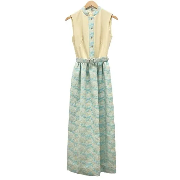 Toni Todd Vintage 60s 70s Dress Pastel Aqua Yellow Mod Evening Gown Modern Sz 6
